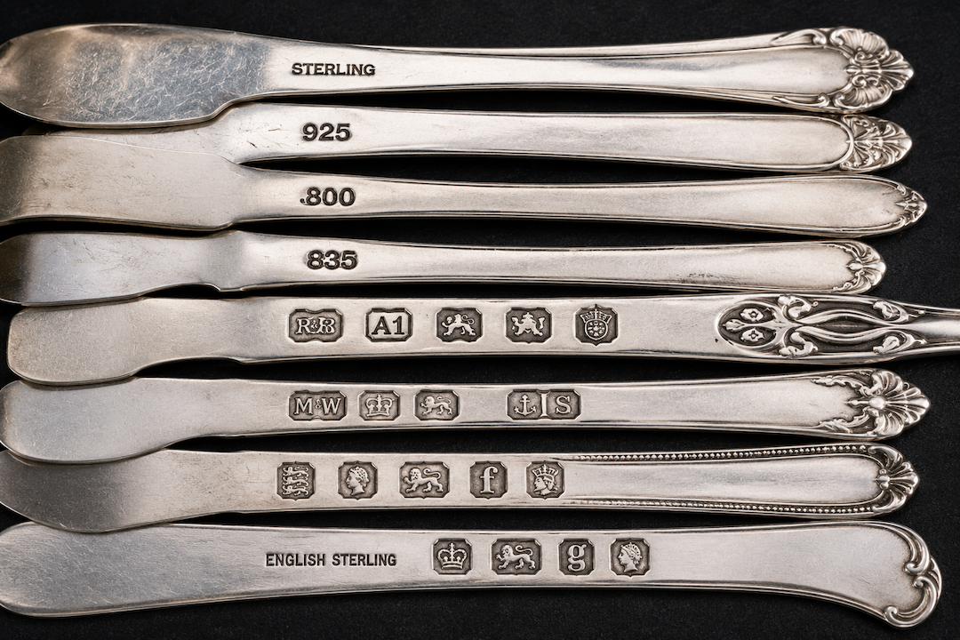 Sterling silver hallmarks including 925, 800, 835 and English silver marks